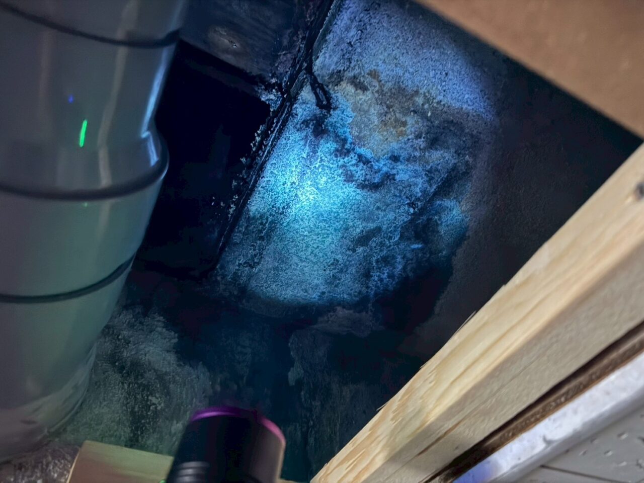 給水管周辺に青色試薬を散布し、光を当てて漏水箇所を特定する様子